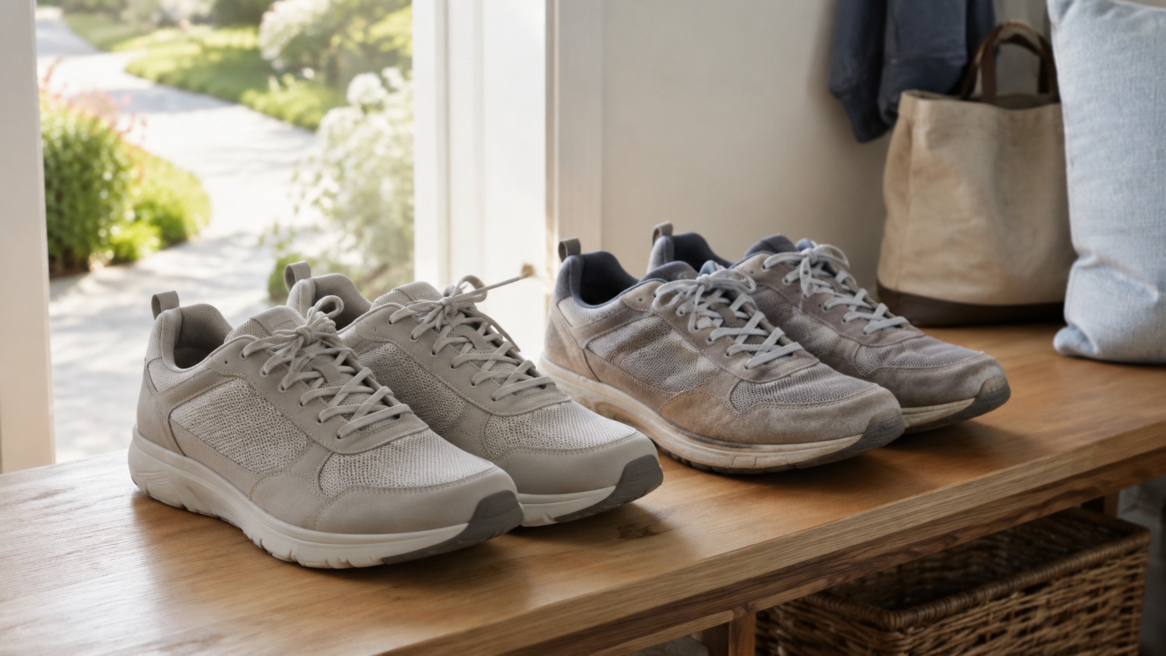 A clean newer pair and an older but serviceable pair of walking shoes on an entryway bench, ready for a practical comparison
