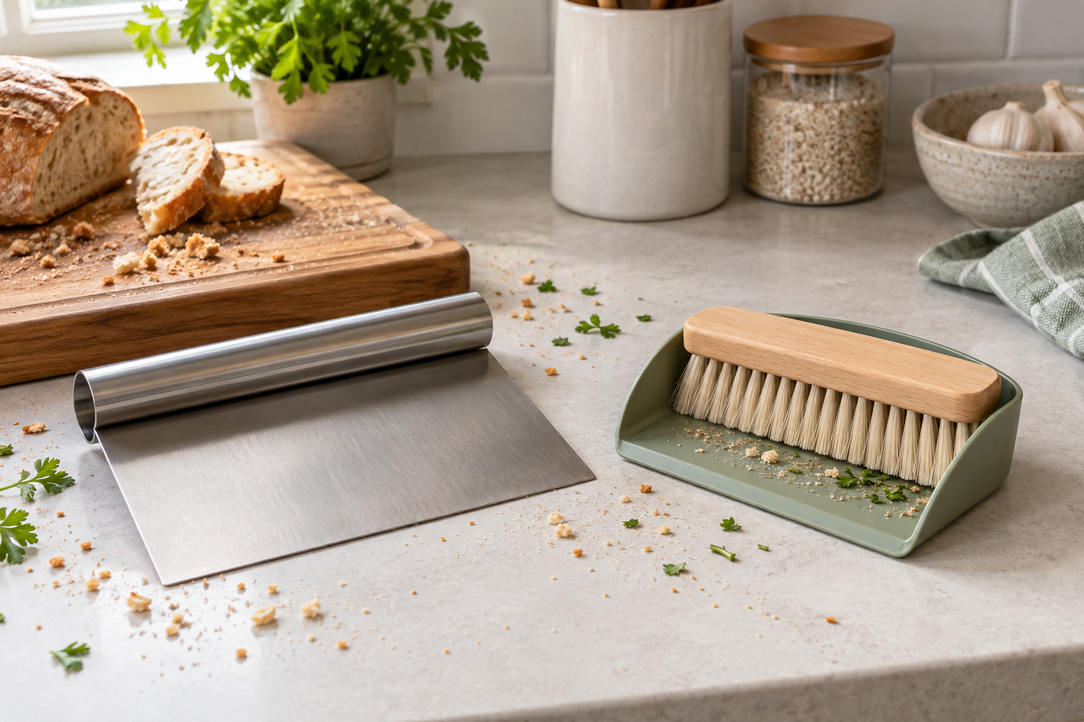 Unbranded stainless-steel bench scraper beside a sage countertop crumb tray and fitted brush near a cutting board with dry crumbs and herb fragments