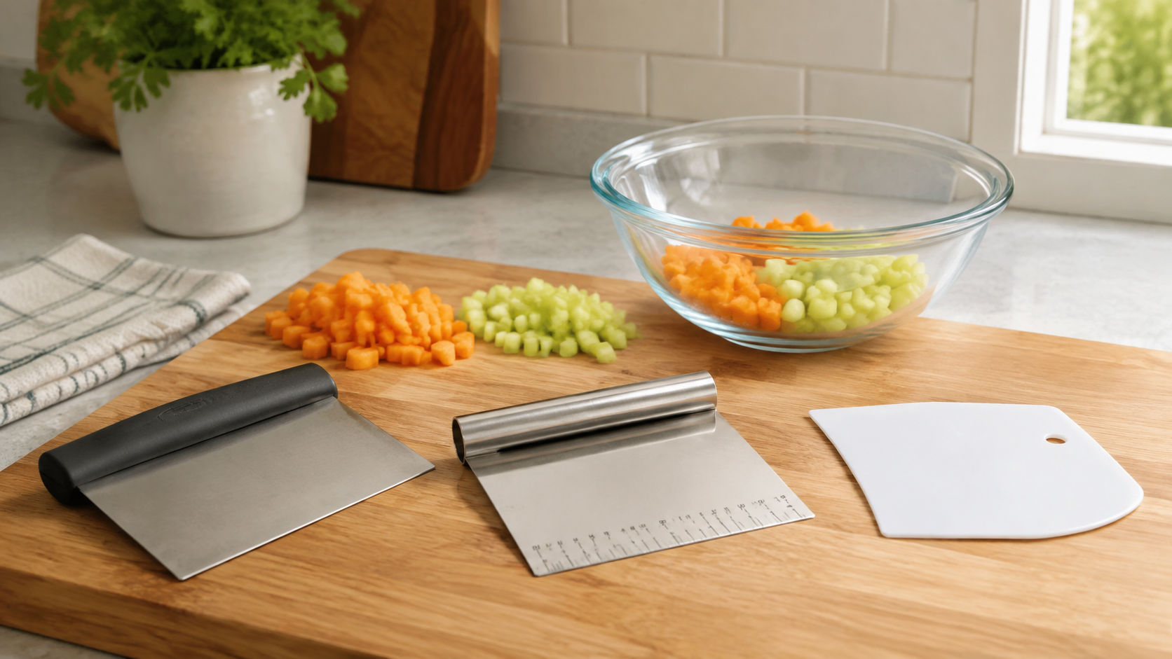 Three unbranded bench scrapers—a handled steel scraper, a marked steel scraper, and a flexible plastic scraper—beside chopped vegetables and a glass prep bowl