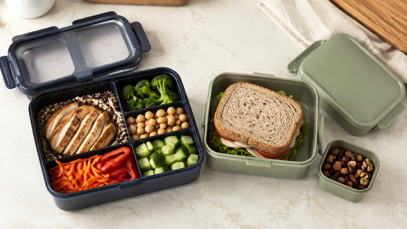 An unbranded divided bento box beside a simple sandwich box and small snack container for comparing work-lunch formats