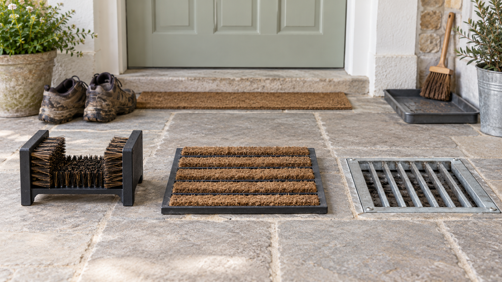 A freestanding bristle scraper, low-profile scraper mat, and metal grate scraper arranged across a small covered stone entryway