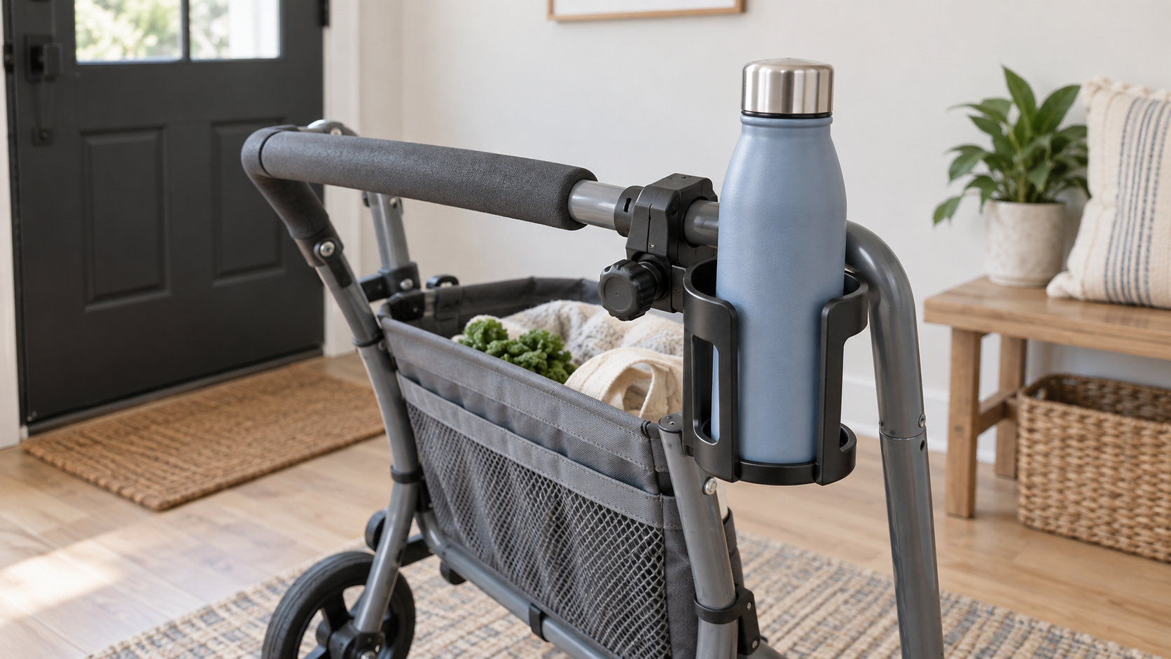 Clip-on cup holder clamped to a gray utility cart handle and holding a blue reusable bottle in a bright entryway