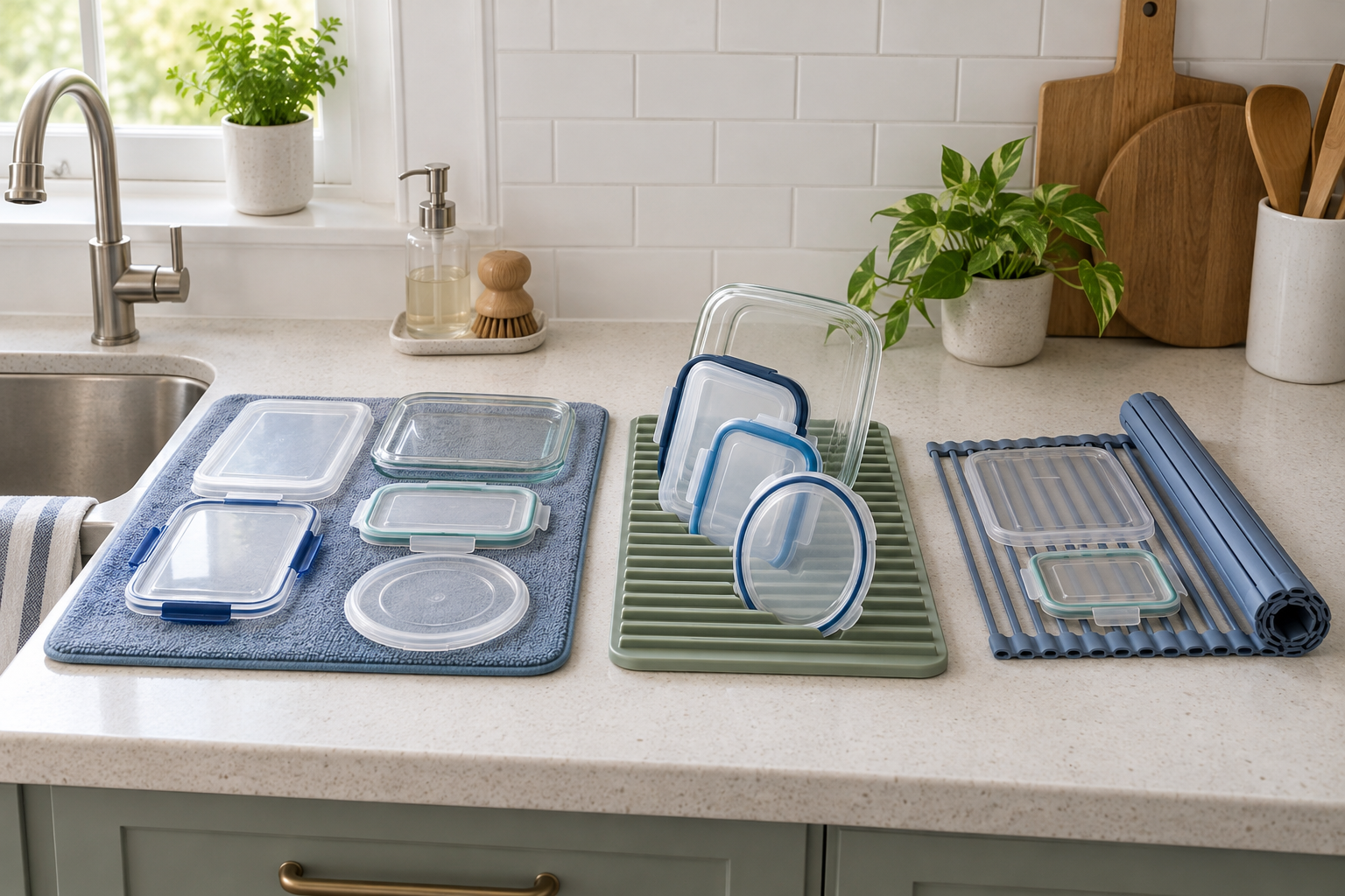 Three unbranded drying surfaces—a blue microfiber mat, green ribbed silicone mat, and blue roll-up mat—holding assorted meal-prep container lids beside a sink