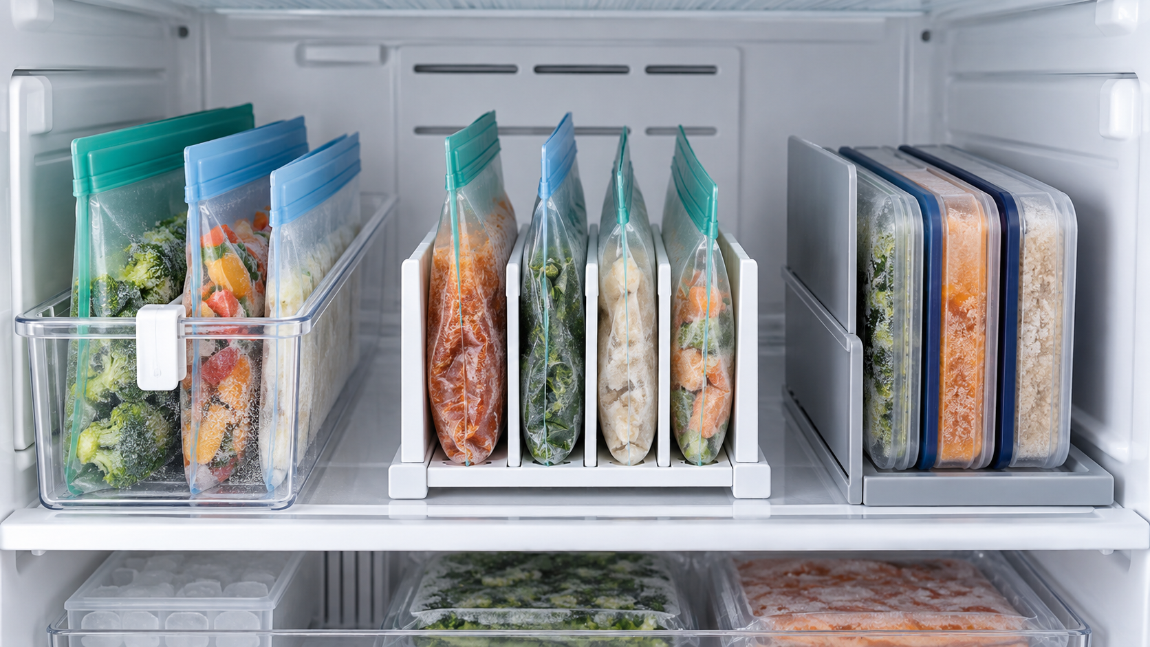 Three unbranded freezer-divider setups holding reusable bags and slim containers upright on a freezer shelf