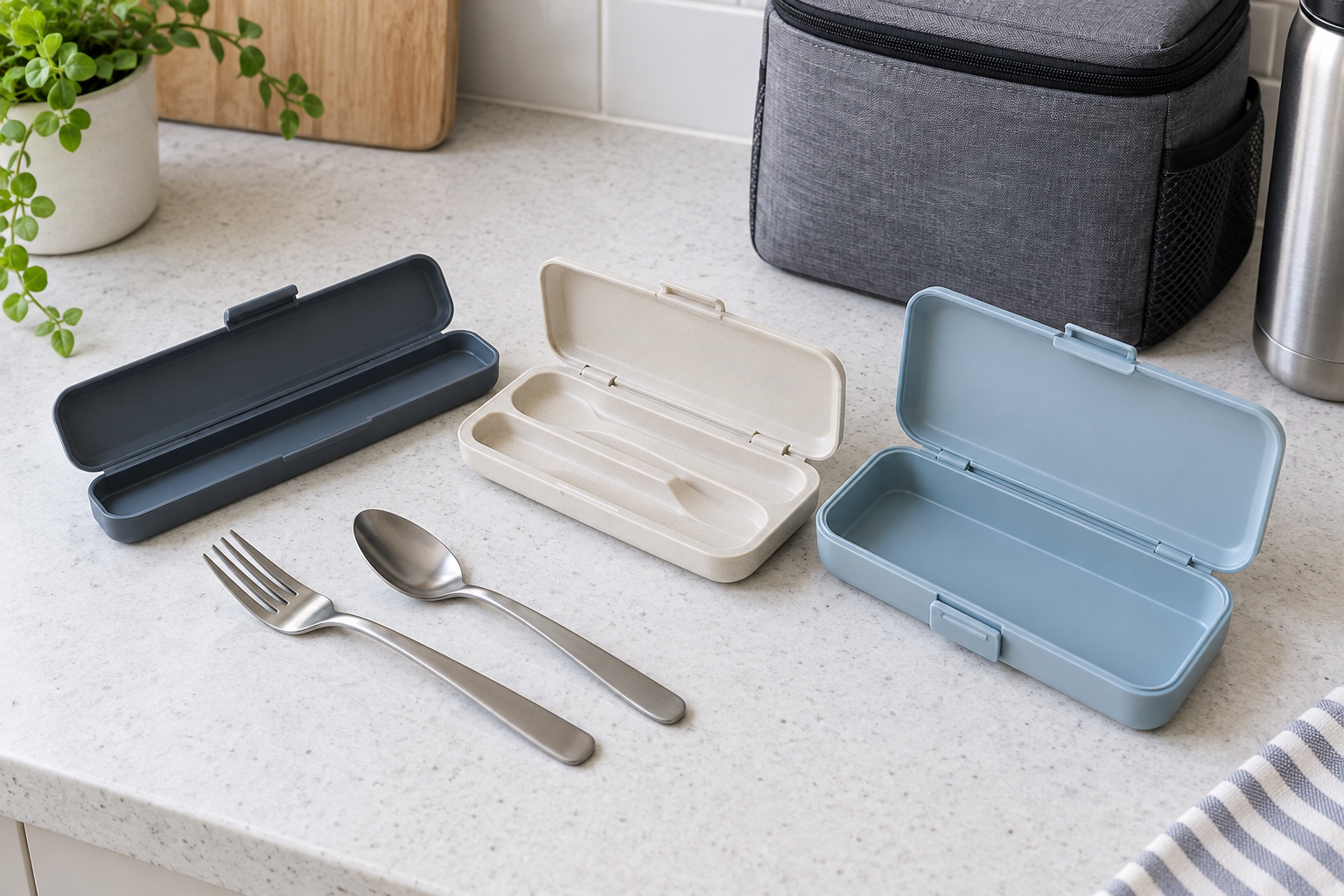 Three unbranded rigid utensil cases in different shapes open beside a full-size fork, spoon, and compact work lunch bag