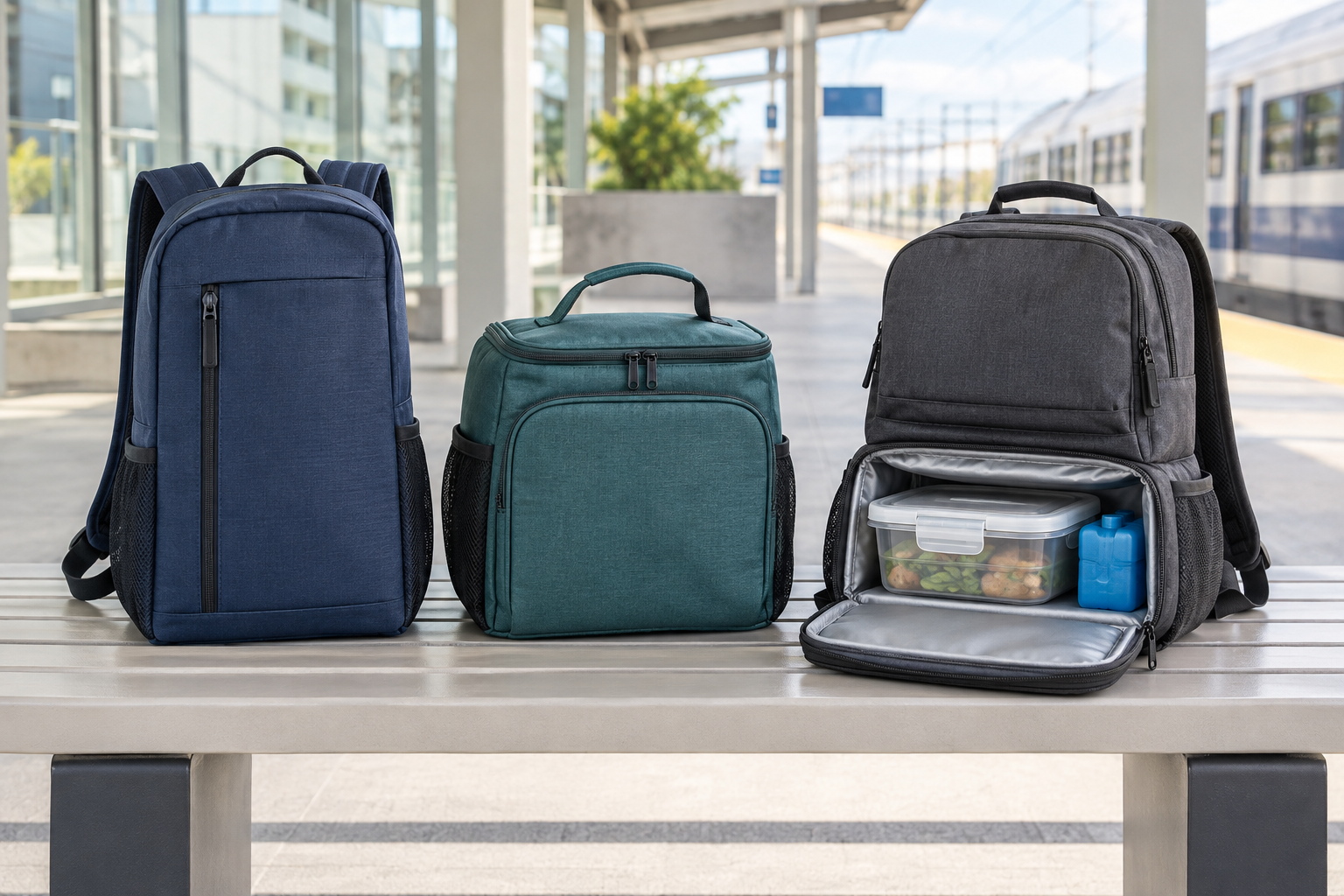 Three unbranded insulated lunch backpack formats—a slim vertical pack, compact meal pack, and divided pack—on a transit-platform bench