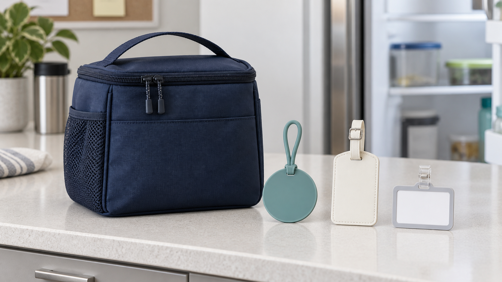 Three blank reusable identification tag formats beside a navy insulated lunch bag on a counter near a shared refrigerator
