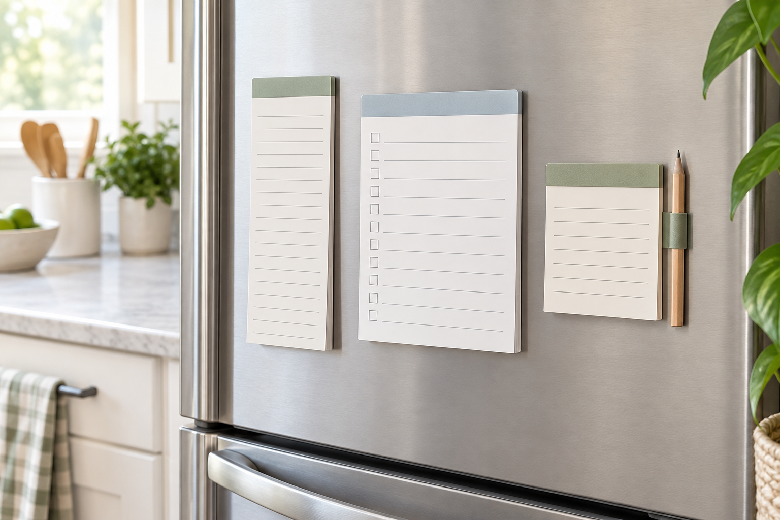 Three unbranded magnetic paper notepads in narrow lined, wide checklist, and compact pencil-holder formats attached to a refrigerator door