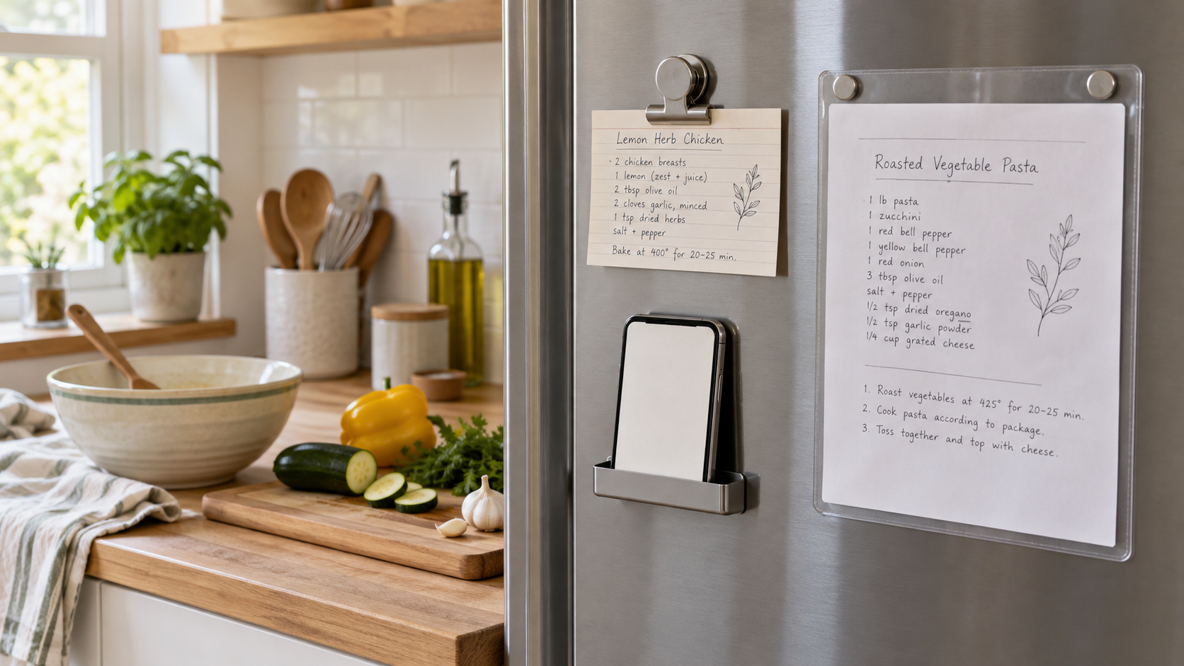 Magnetic clip, clear document sleeve, and phone ledge displaying recipes on a metal refrigerator beside a small kitchen prep counter