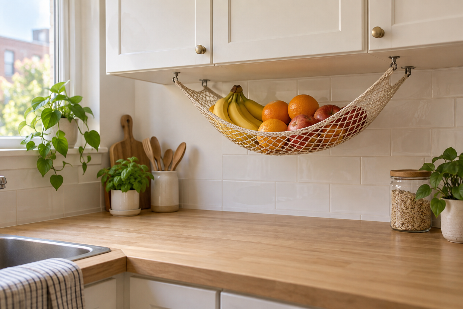 Under-cabinet mesh produce hammock holding fruit above a clear small-kitchen counter