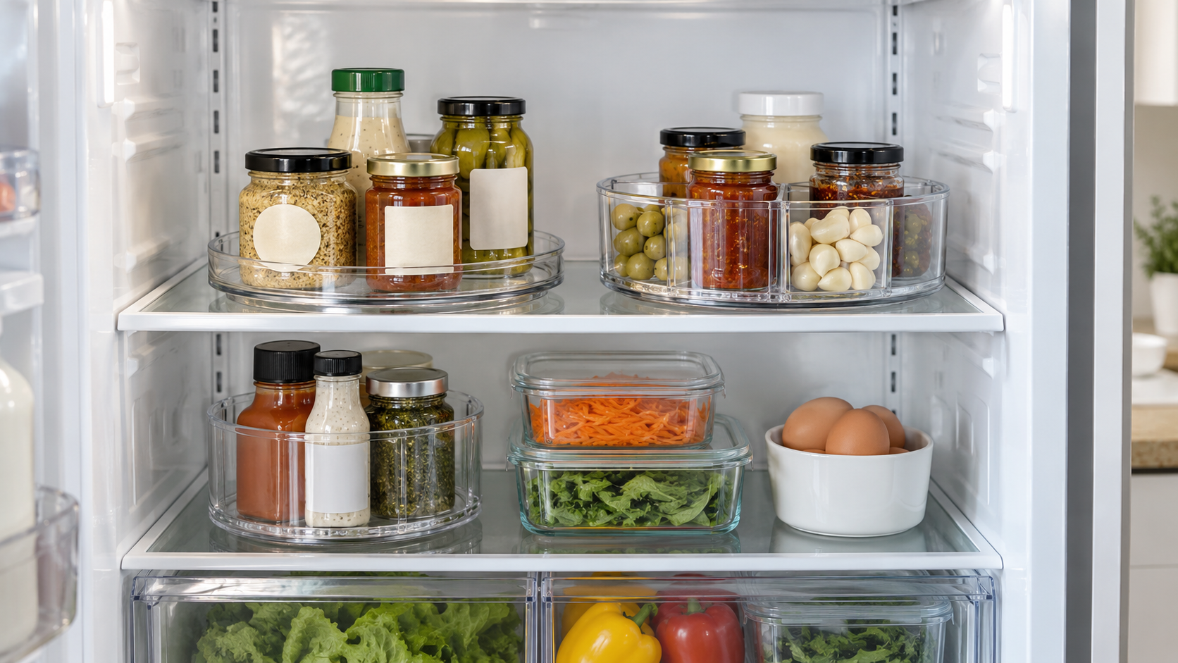 Three clear refrigerator turntable formats holding unbranded condiment jars on measured glass shelves