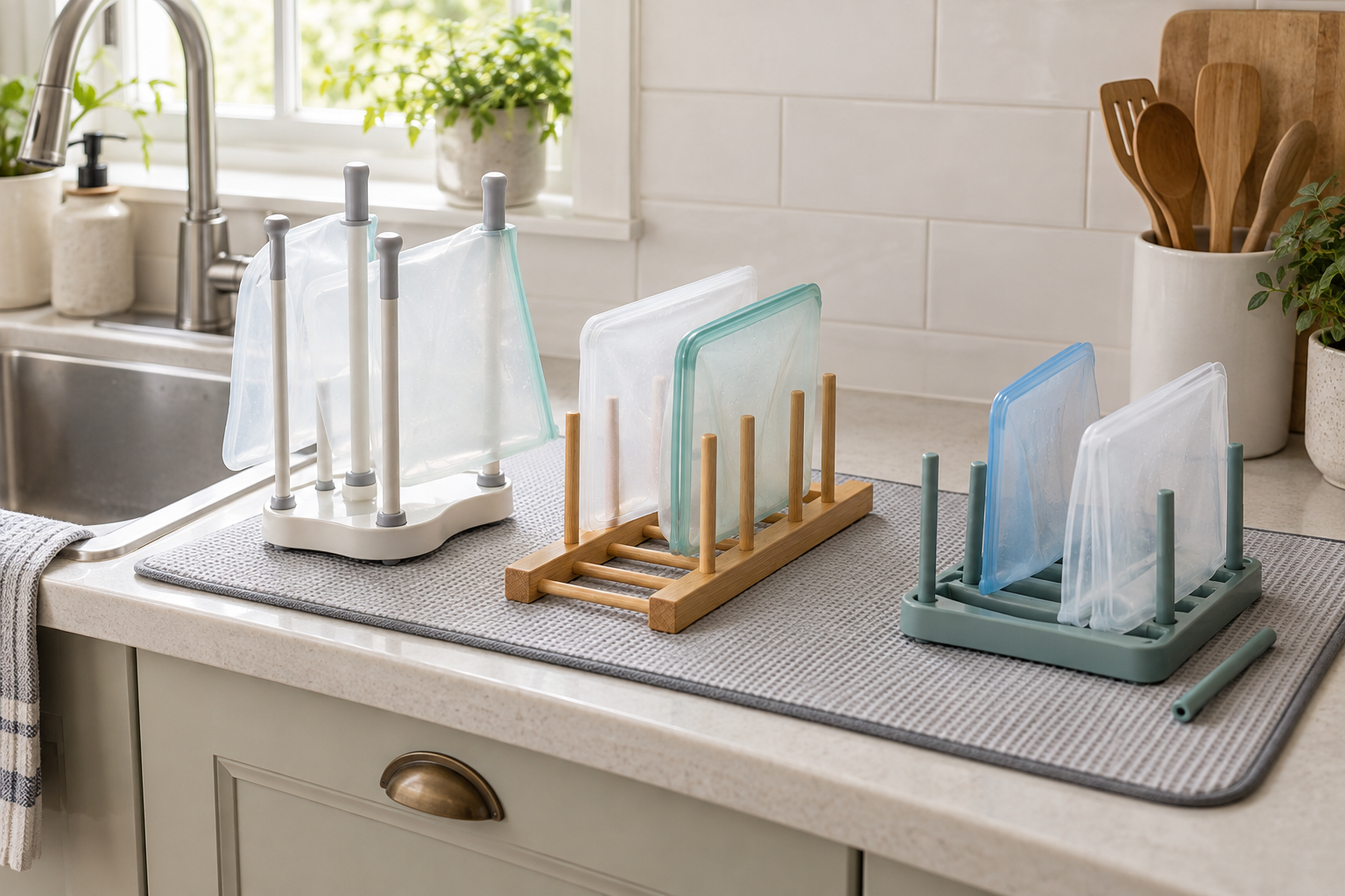 Fixed-arm, fold-flat wooden, and modular reusable food-bag drying racks holding translucent bags open over a washable counter mat