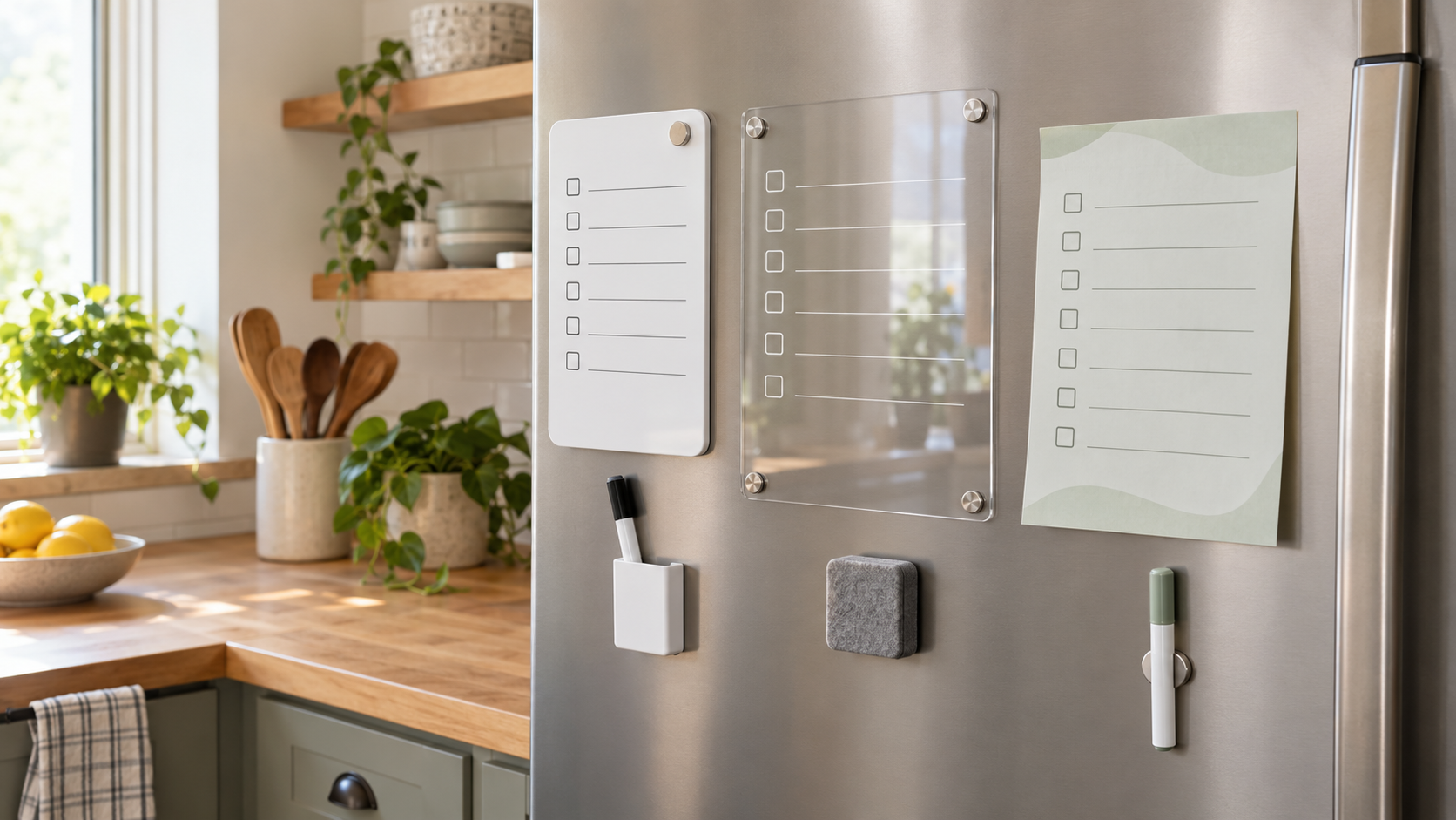 Three unbranded reusable grocery-list board formats mounted on a refrigerator with separate markers and an eraser