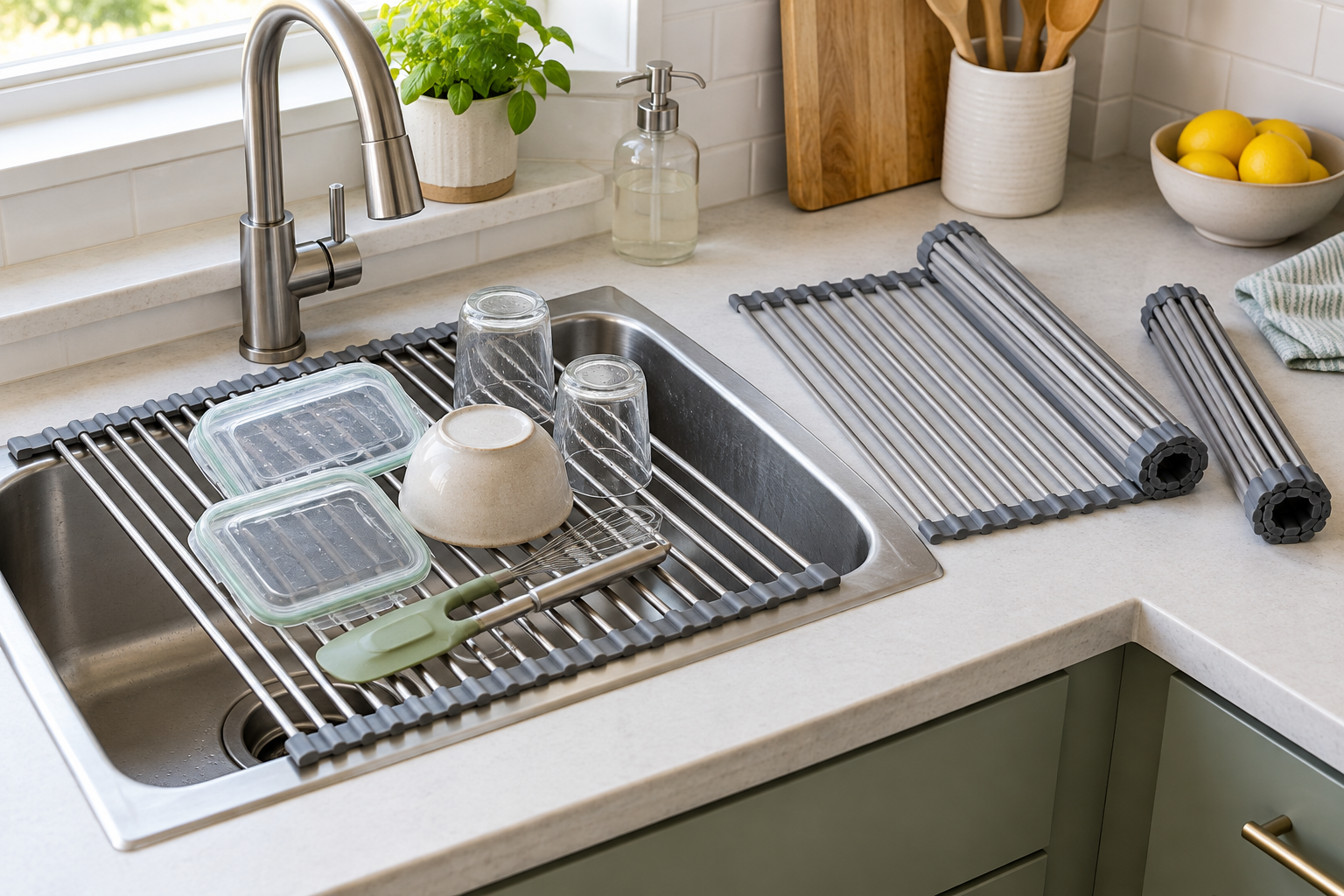 Unbranded roll-up over-sink drying racks shown deployed over a small sink, partly rolled, and fully rolled for storage