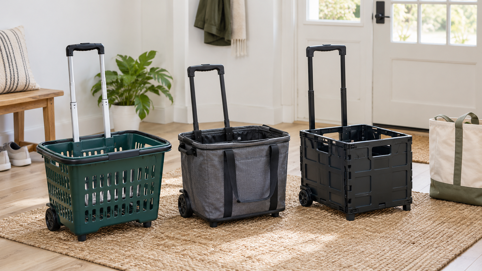 Three unbranded low rolling grocery basket formats—a ventilated rigid basket, soft-sided basket, and folding crate—in a bright apartment entryway