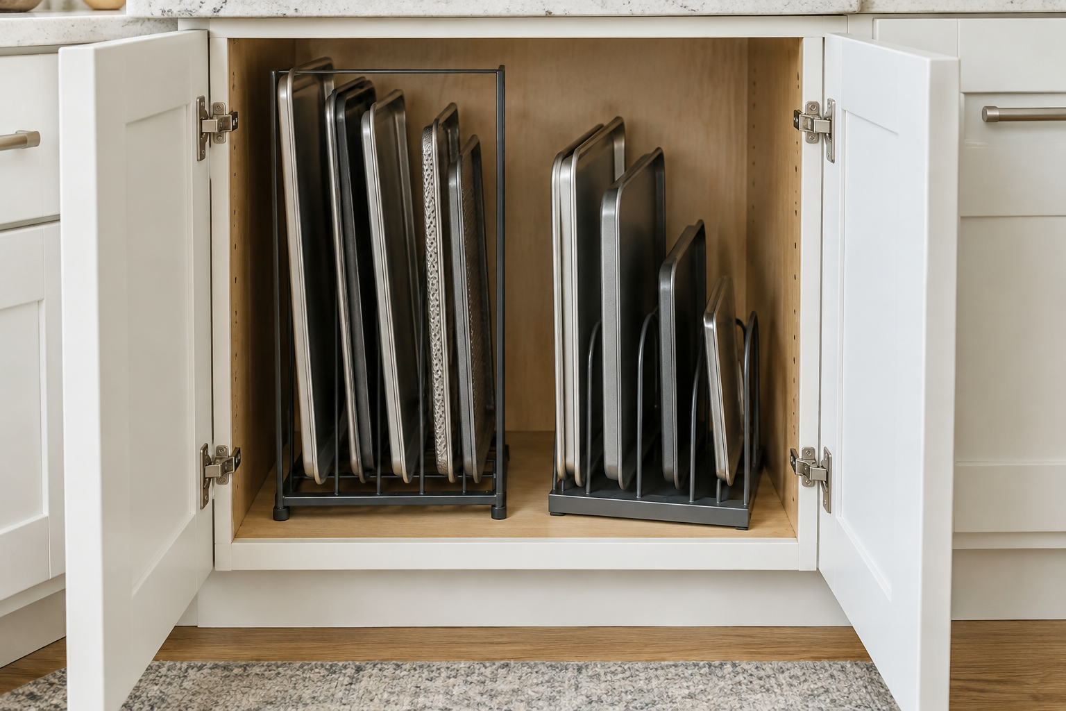Two vertical metal organizers holding plain sheet pans upright inside an open narrow kitchen cabinet