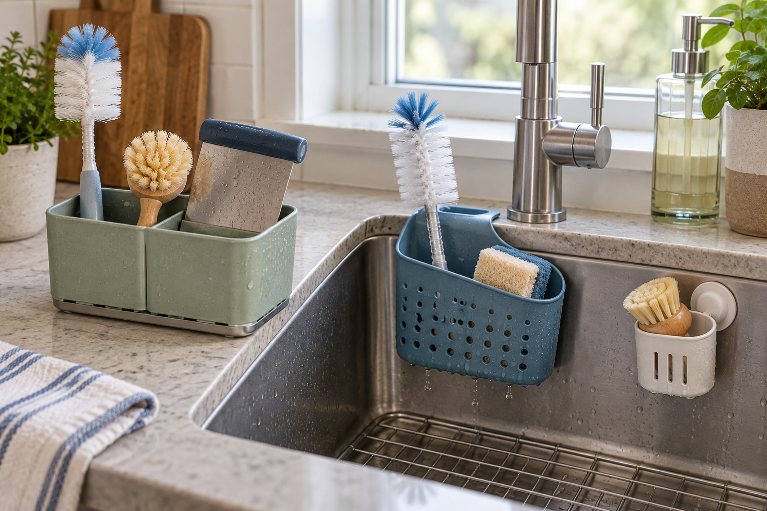 Countertop, sink-saddle, and suction-mounted caddies holding bottle brushes, a dish brush, sponge, and bench scraper beside a compact kitchen sink