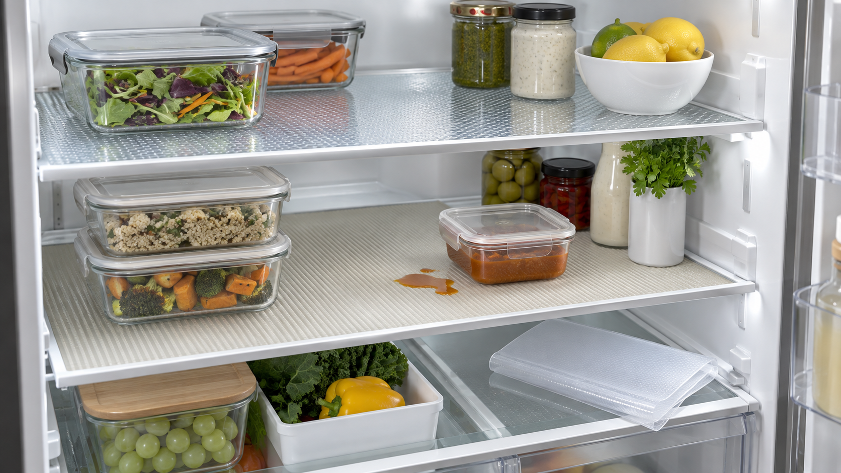 Clear and pale textured washable liners fitted to refrigerator shelves with unbranded meal-prep containers and a small spill