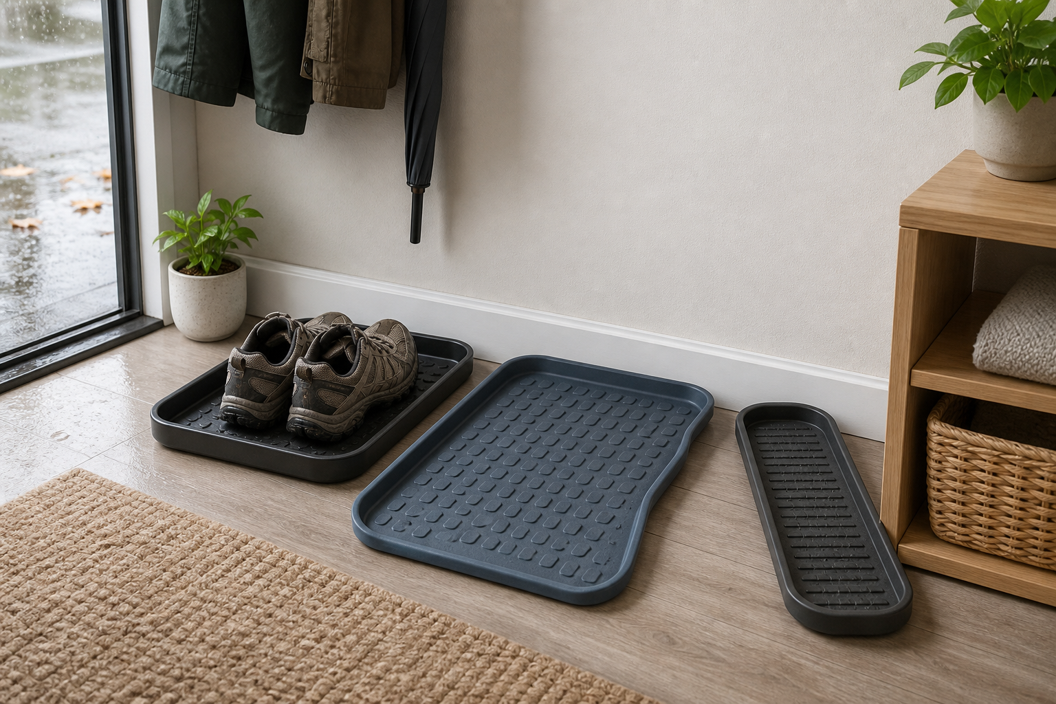 Three unbranded boot trays with raised edges and different footprints beside wet walking shoes in a small apartment entryway