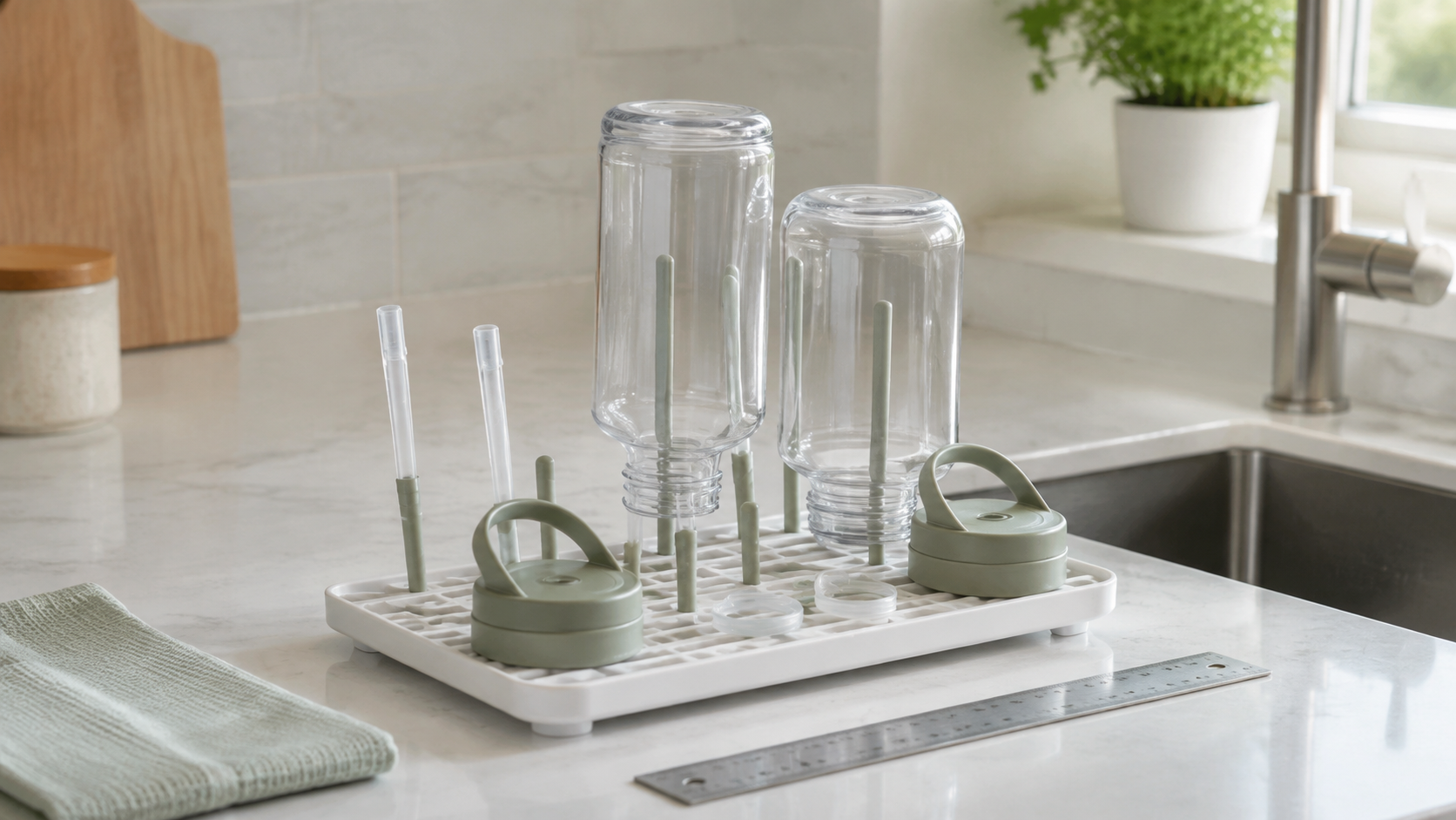 Compact bottle drying rack holding two clear reusable bottle bodies, separate sage lids, straws, and seals beside a sink, towel, and ruler