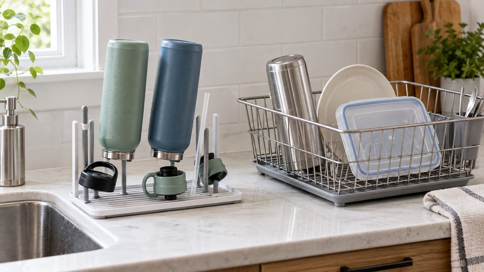 A dedicated rack holding two reusable bottles, lids, and straws beside a general dish rack holding a bottle, plate, and food-container lid