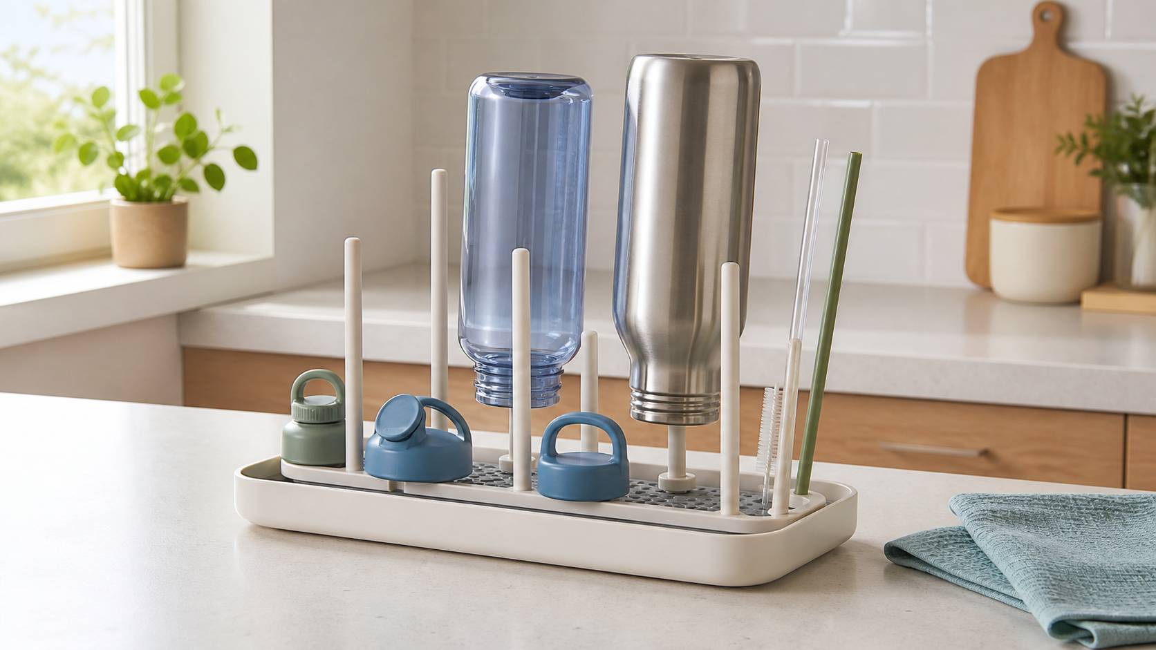 Countertop bottle-drying rack holding two reusable bottles, lids, and straws above a removable drip tray