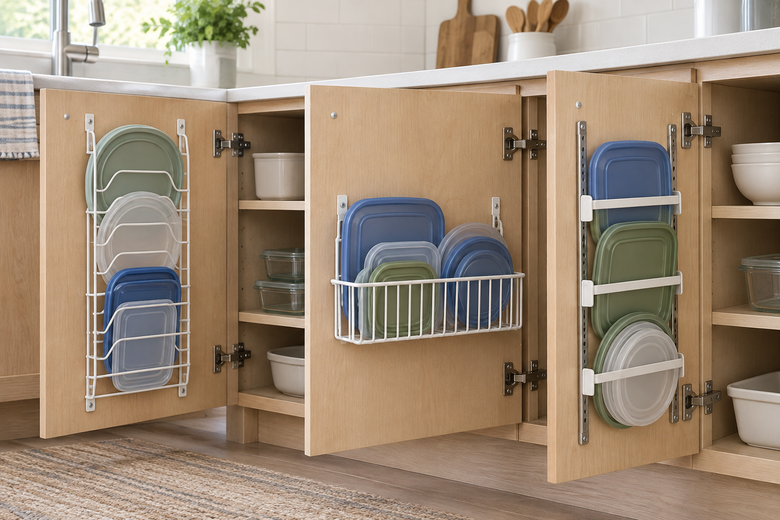 Slim wire rack, shallow basket, and adjustable rail organizer mounted inside cabinet doors and holding reusable food-storage lids