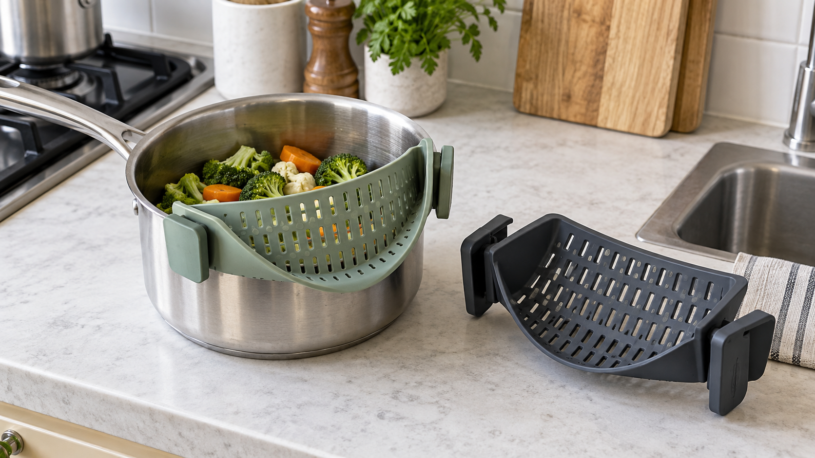 A sage clip-on strainer attached to a stainless-steel saucepan beside a second charcoal clip-on pot colander for comparing clip shape and drainage openings