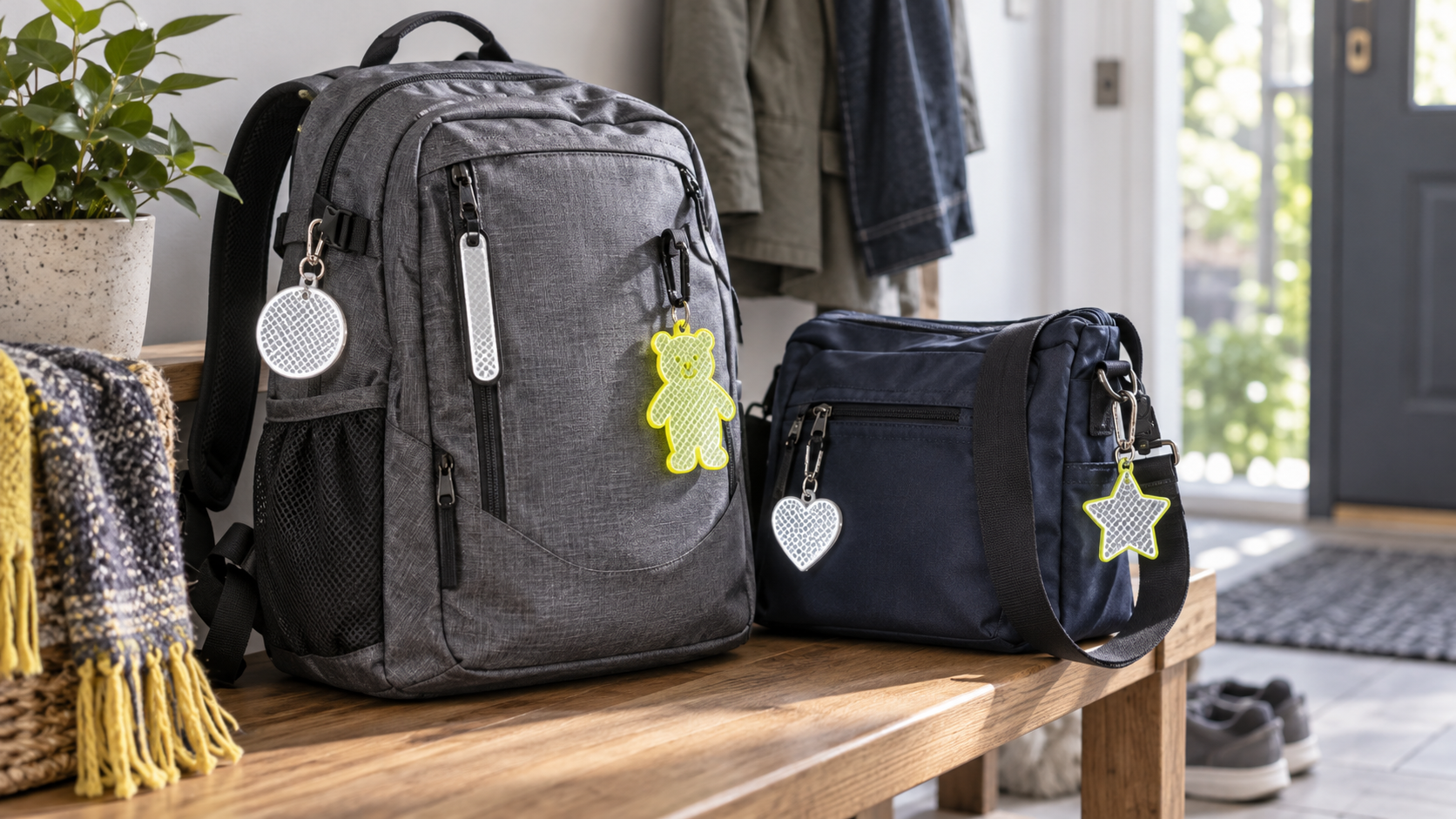 Several unbranded passive clip-on reflectors attached to a gray backpack and navy shoulder bag in a bright entryway