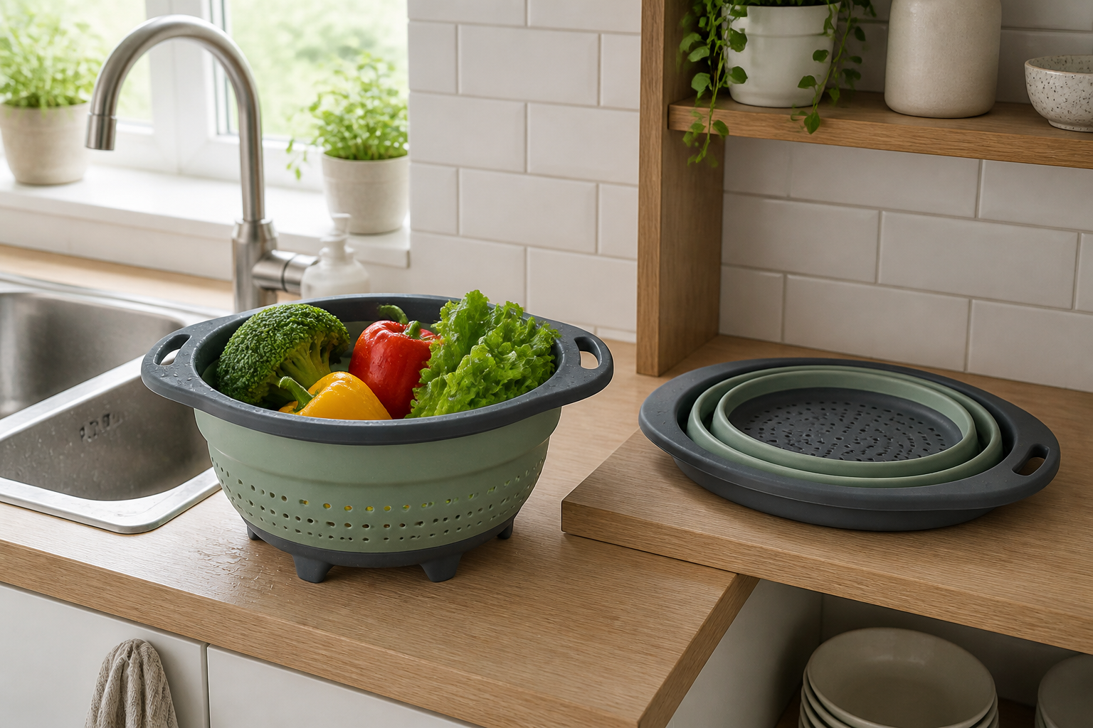 A sage collapsible colander expanded with rinsed vegetables beside a second colander folded flat on a small kitchen shelf