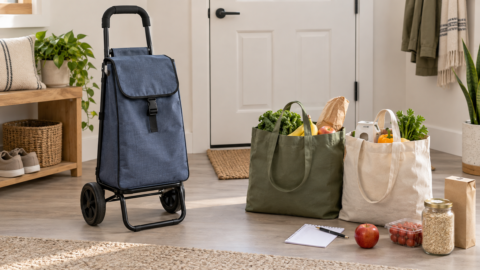 A compact two-wheel grocery cart and two reusable grocery bags arranged with ordinary groceries in a bright apartment entryway