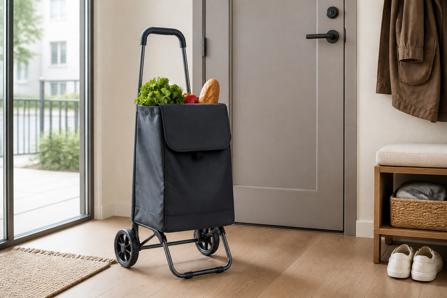 Compact two-wheel grocery cart with a dark fabric bag, visible handle, and groceries in an apartment entryway