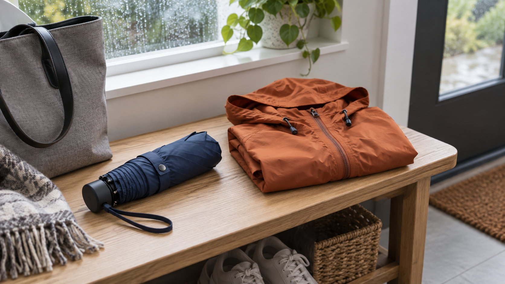 A folded navy compact umbrella and rust packable rain jacket on an entryway bench beside a commuter bag