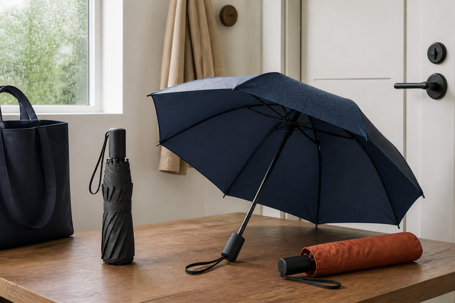 Three unbranded compact umbrella formats with a tote bag in a bright entryway on a rainy day