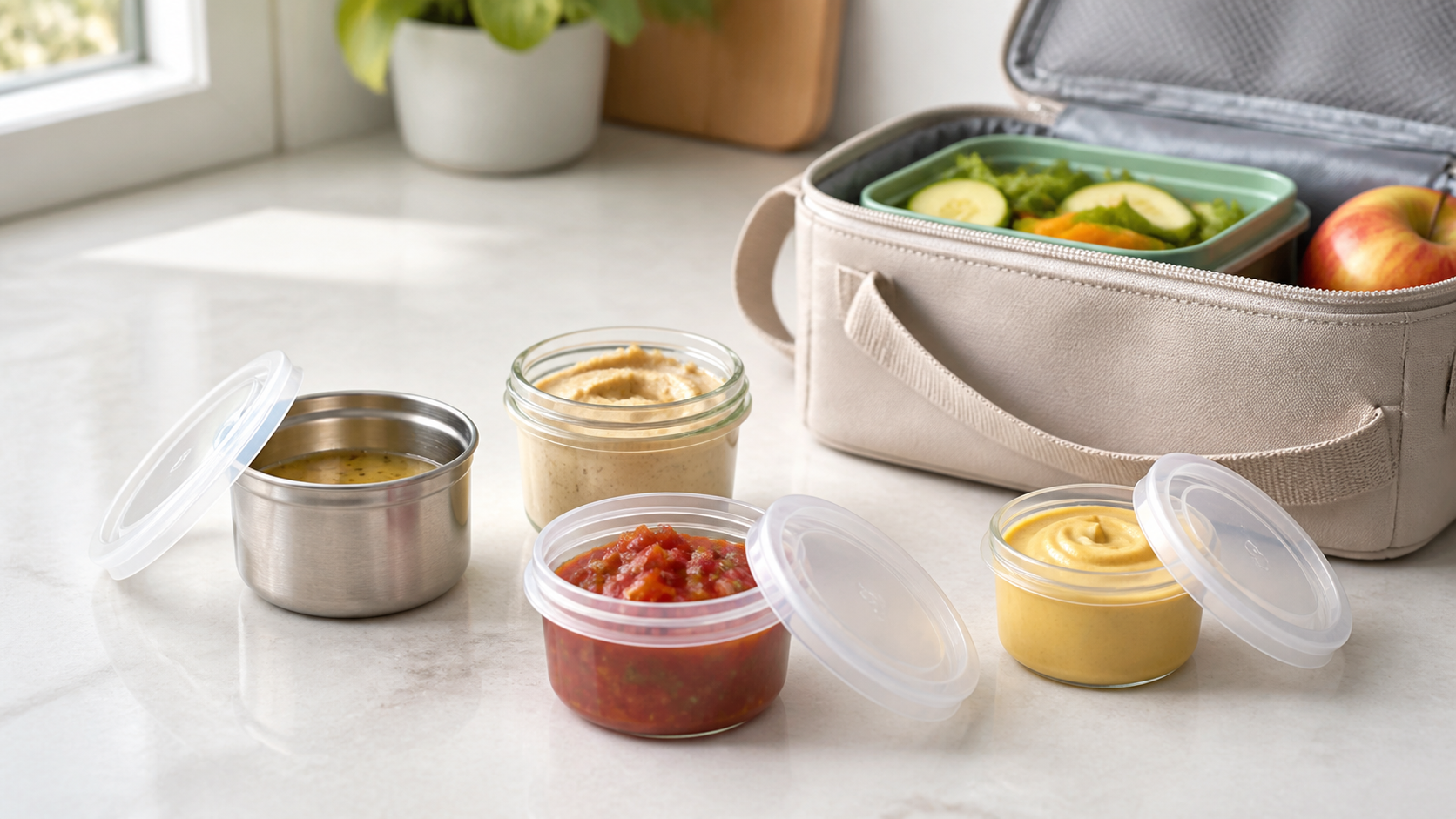 Small unbranded stainless-steel, glass, and reusable plastic condiment containers arranged beside an open packed lunch