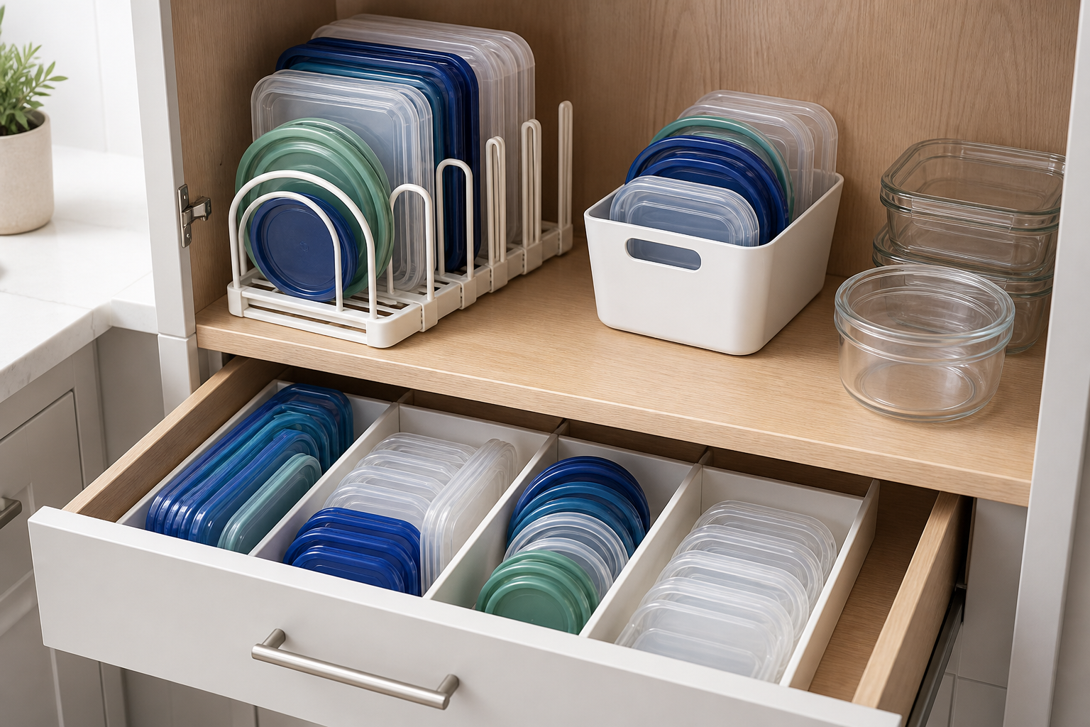 Adjustable rack, open bin, and shallow drawer dividers organizing assorted reusable meal-prep container lids in a compact kitchen