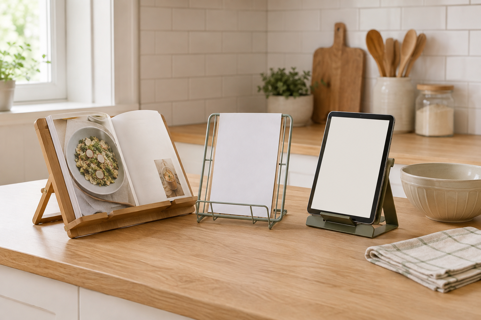 A folding wood cookbook stand, wire recipe-sheet stand, and adjustable tablet stand on a small kitchen counter