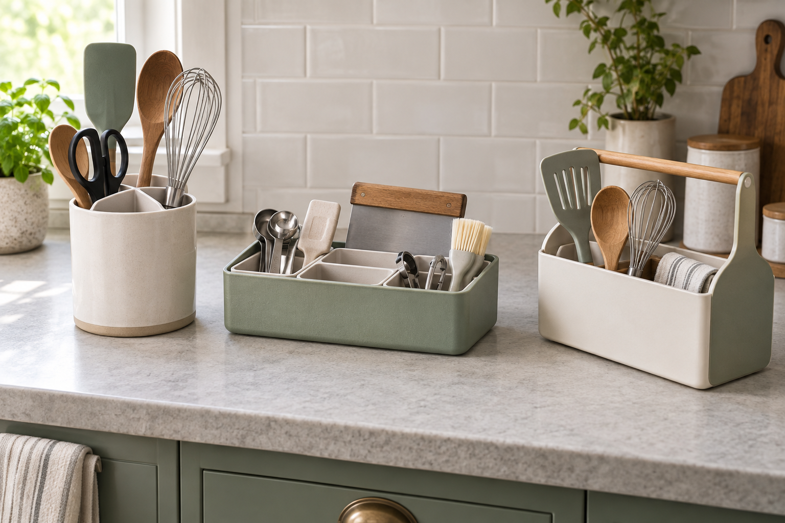 Three unbranded countertop caddy formats holding frequently used spatulas, spoons, a whisk, scissors, measuring tools, and a bench scraper