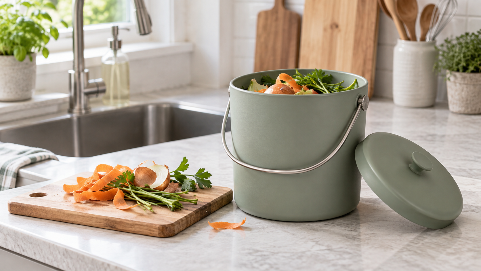 An unbranded sage lidded countertop scrap bin beside carrot peel, onion skin, and herb stems on a cutting board near a kitchen sink