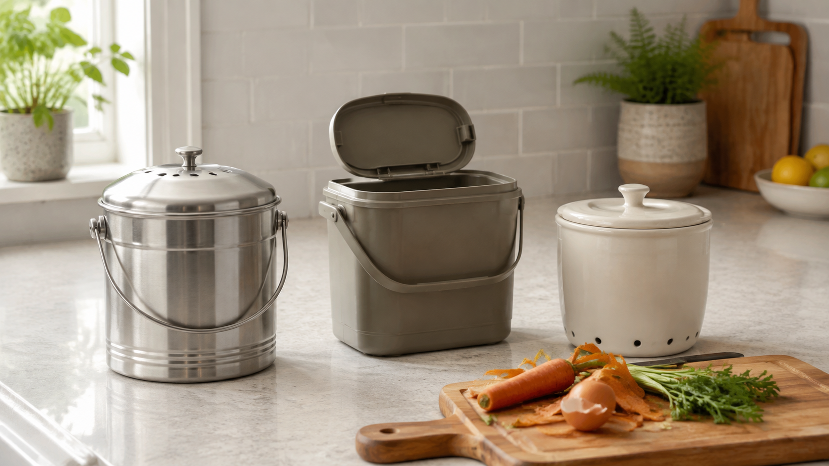Three unbranded countertop compost-bin styles—a stainless pail, rectangular caddy, and ceramic crock—beside vegetable scraps in a compact kitchen
