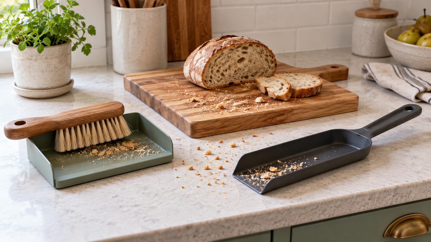 A compact sage crumb pan with a wood-handled brush and a slim charcoal handled crumb tray beside a bread cutting board
