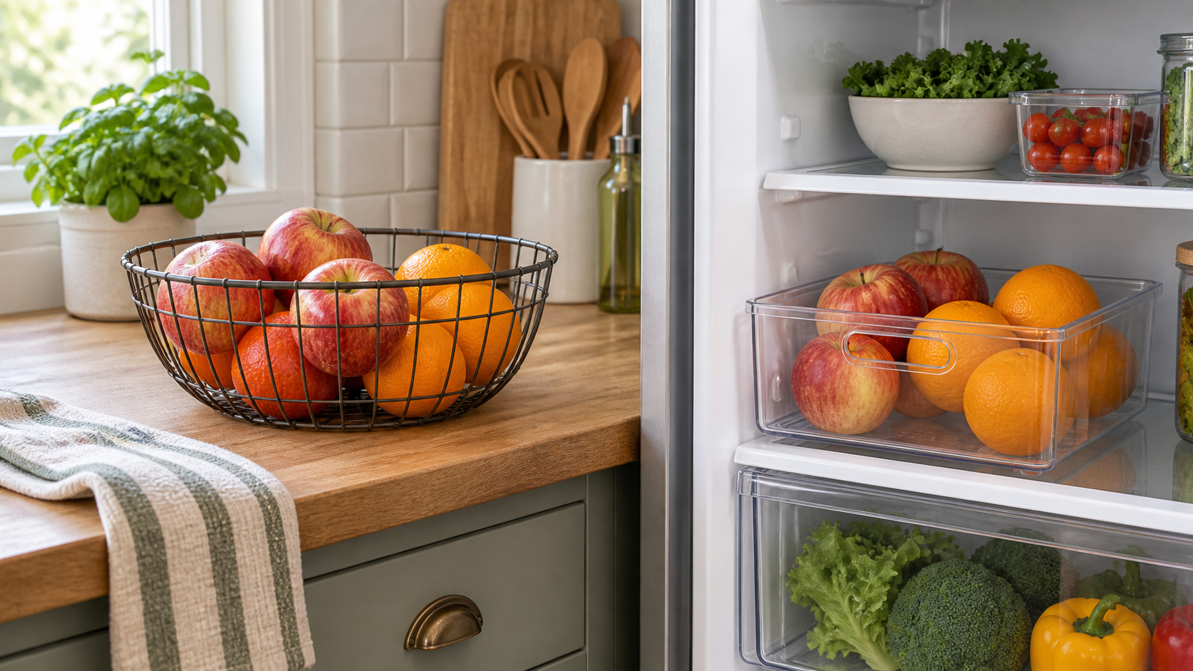 Black wire basket holding apples and oranges on a wood kitchen counter beside an open refrigerator with similar produce in a clear handled bin