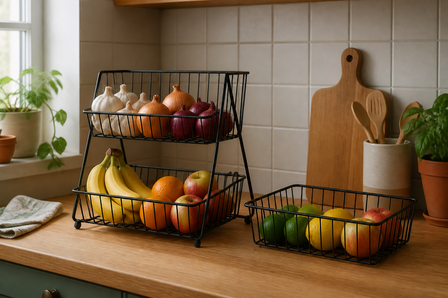 Two-tier and single-tier black wire baskets holding onions, garlic, bananas, citrus, and apples on a compact kitchen counter