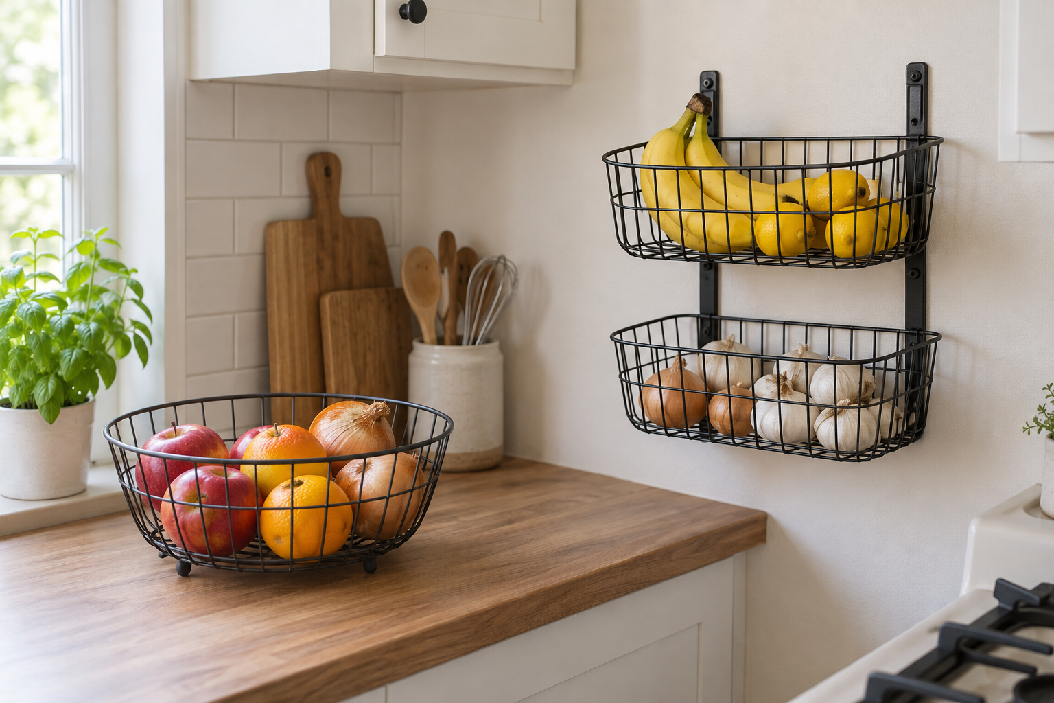 A freestanding black wire produce basket on a wood counter beside two securely wall-mounted wire baskets in a compact kitchen