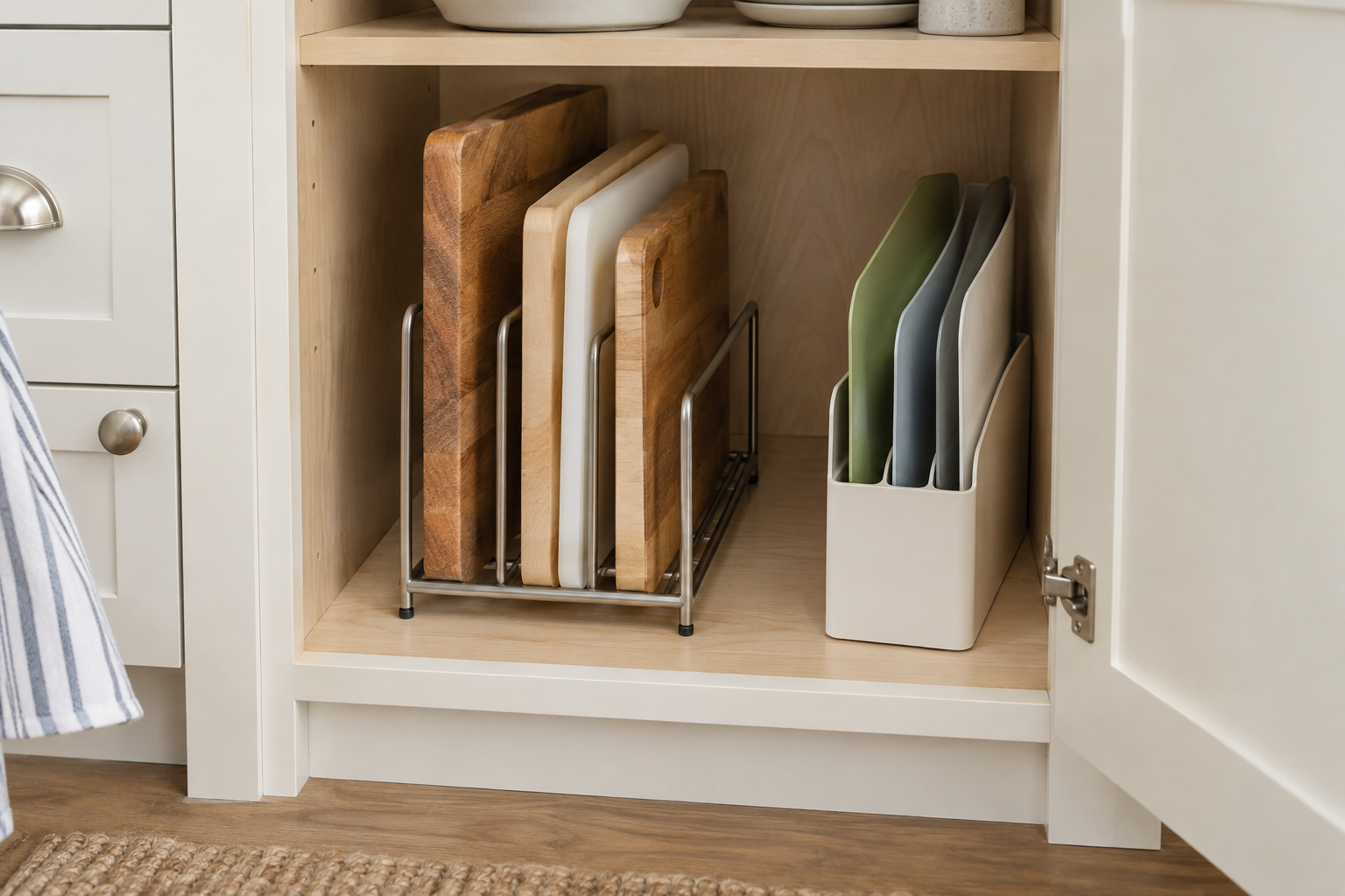 Freestanding metal rack and divided holder storing wood and plastic cutting boards and flexible prep mats upright in a small kitchen cabinet