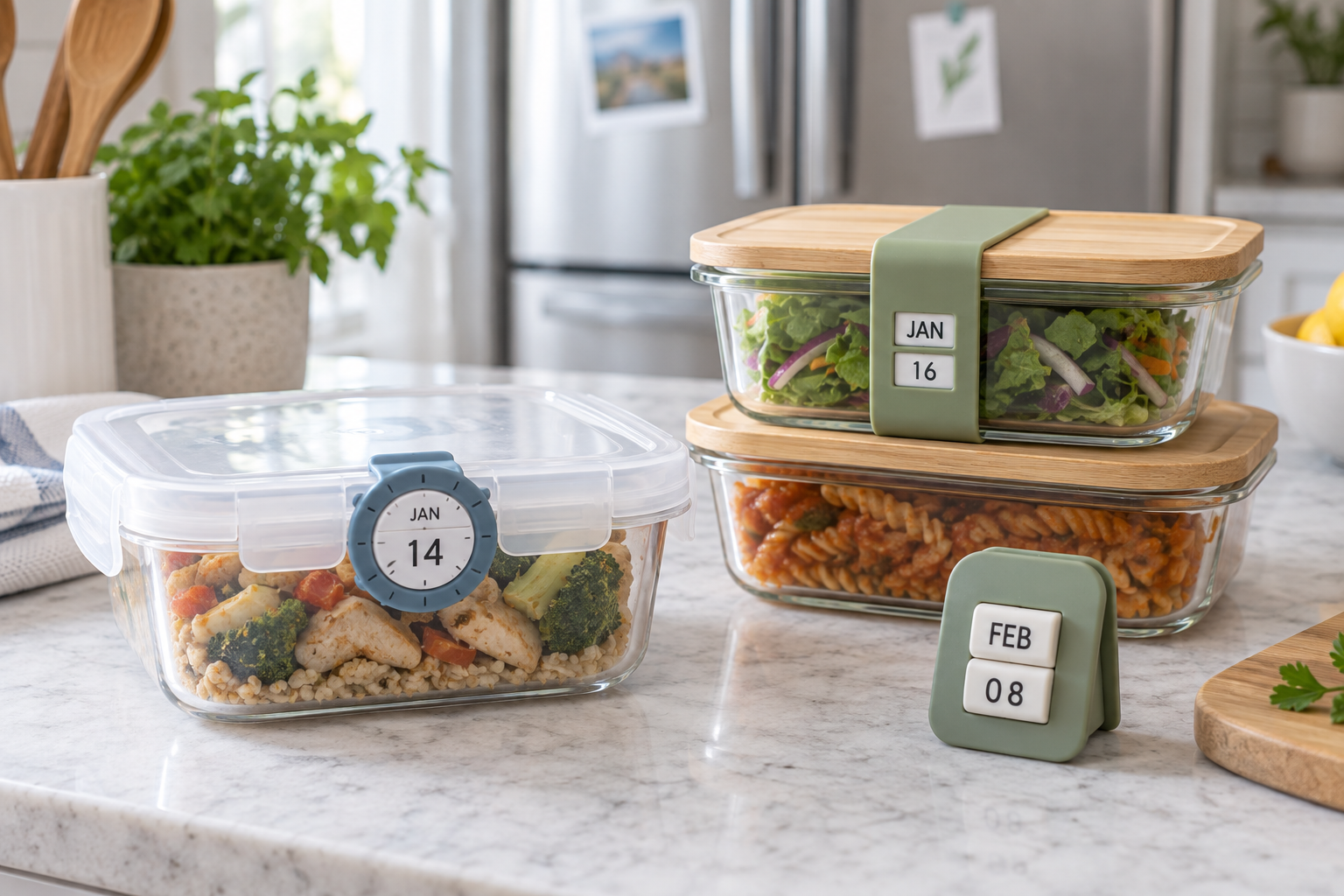 Reusable month-and-day dials and a date band attached to clear leftover containers on a bright kitchen counter