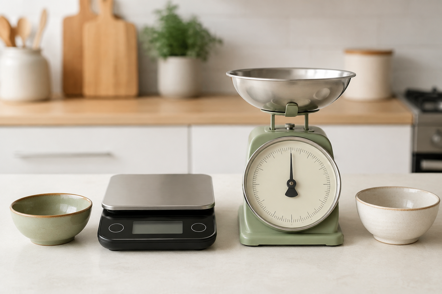 A compact digital kitchen scale and a green analog dial kitchen scale with empty bowls on a bright counter