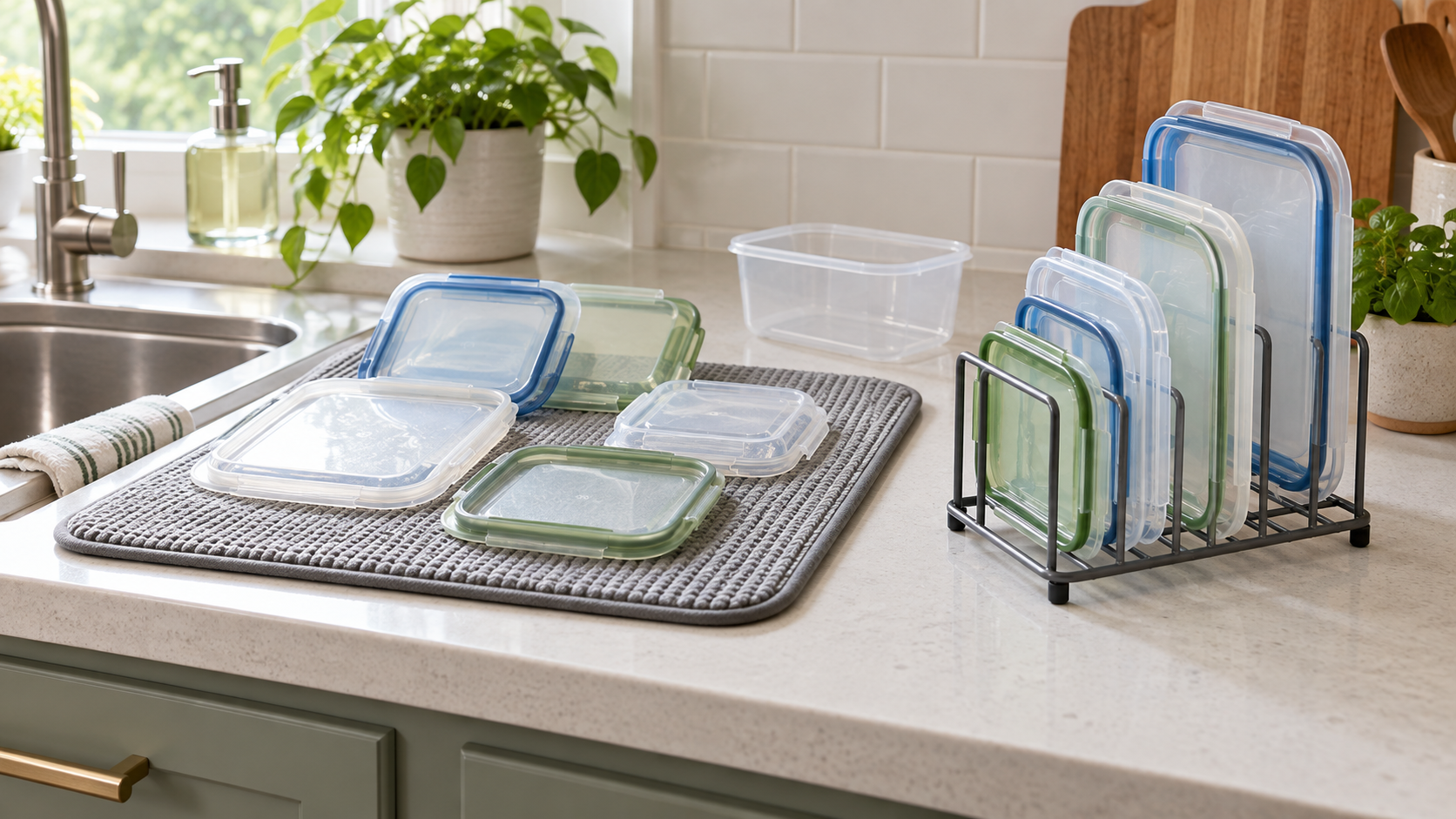 Unbranded meal-prep container lids resting on a gray drying mat beside similar lids held vertically in a compact upright dish rack