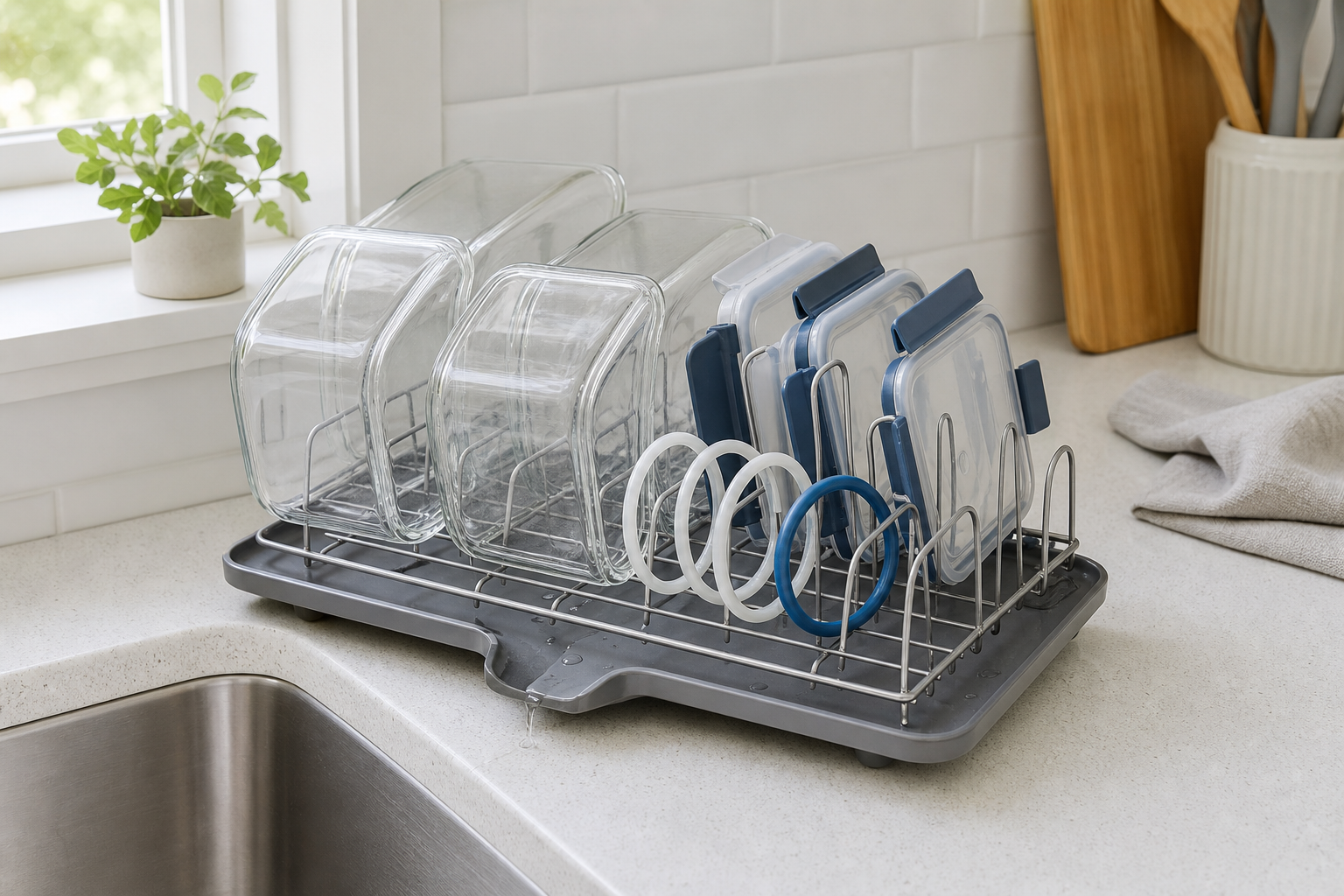 Compact metal dish rack holding clean glass meal-prep containers, upright blue snap lids, and removable silicone gaskets over a drain tray