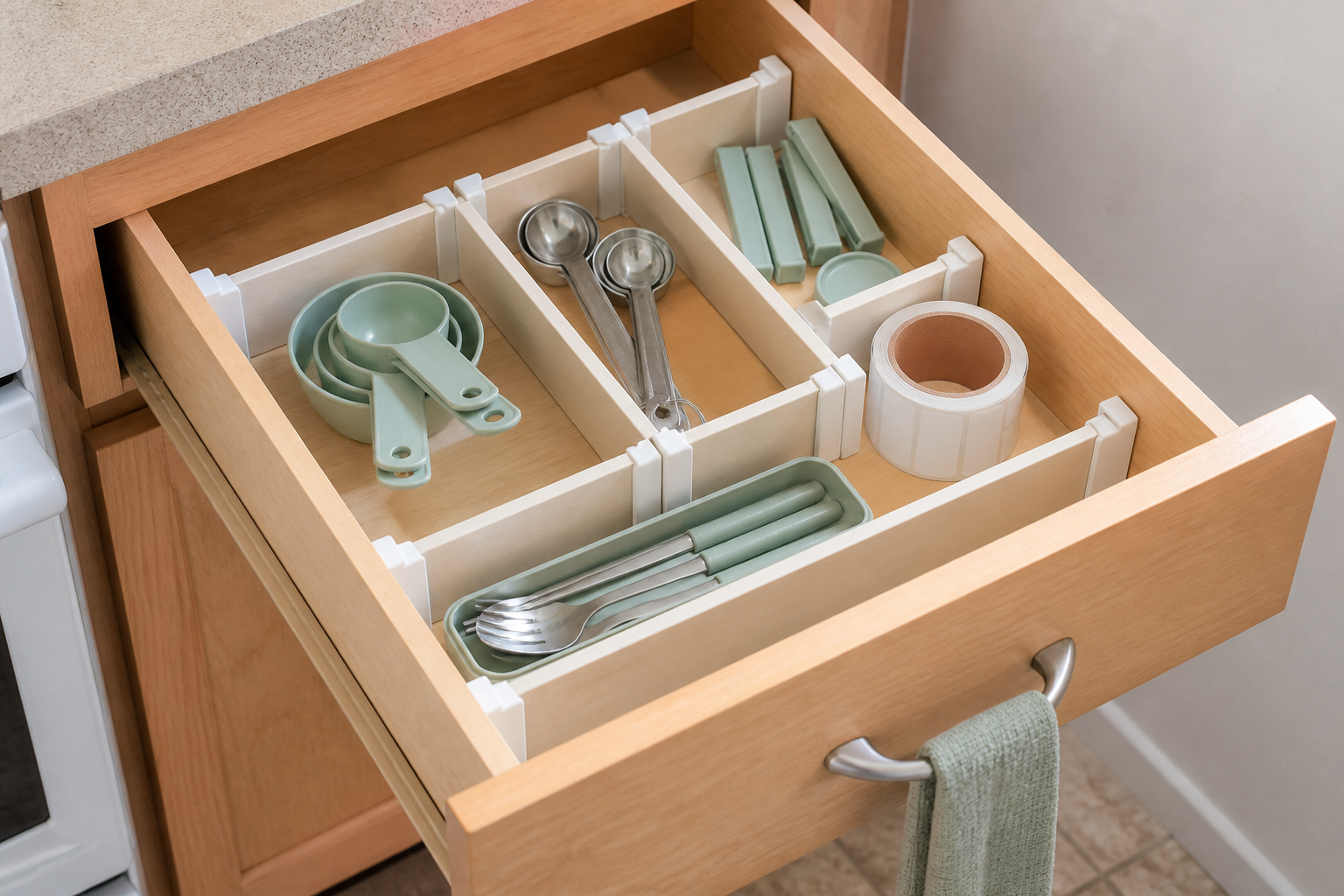 Adjustable white dividers organizing measuring cups, measuring spoons, bag clips, labels, and reusable utensils in a light-wood kitchen drawer